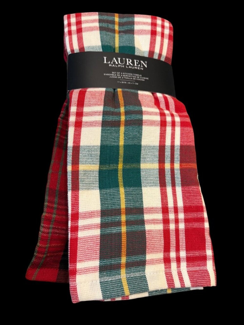 3 Lauren Ralph Lauren Hoilday Plaid Kitchen Towels Designer 17x28 Cotton gift